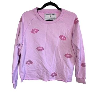Sunshine Park Pink Lip Print Sweatshirt XS Rhinestone Lips Crewneck Pullover